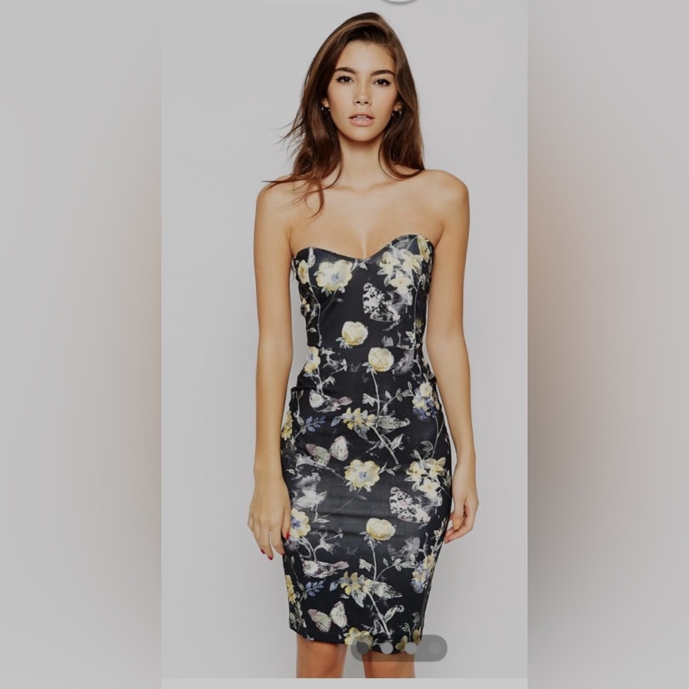 ASOS PETITE SIZE 0 Floral Strapless Dress - Black and Yellow